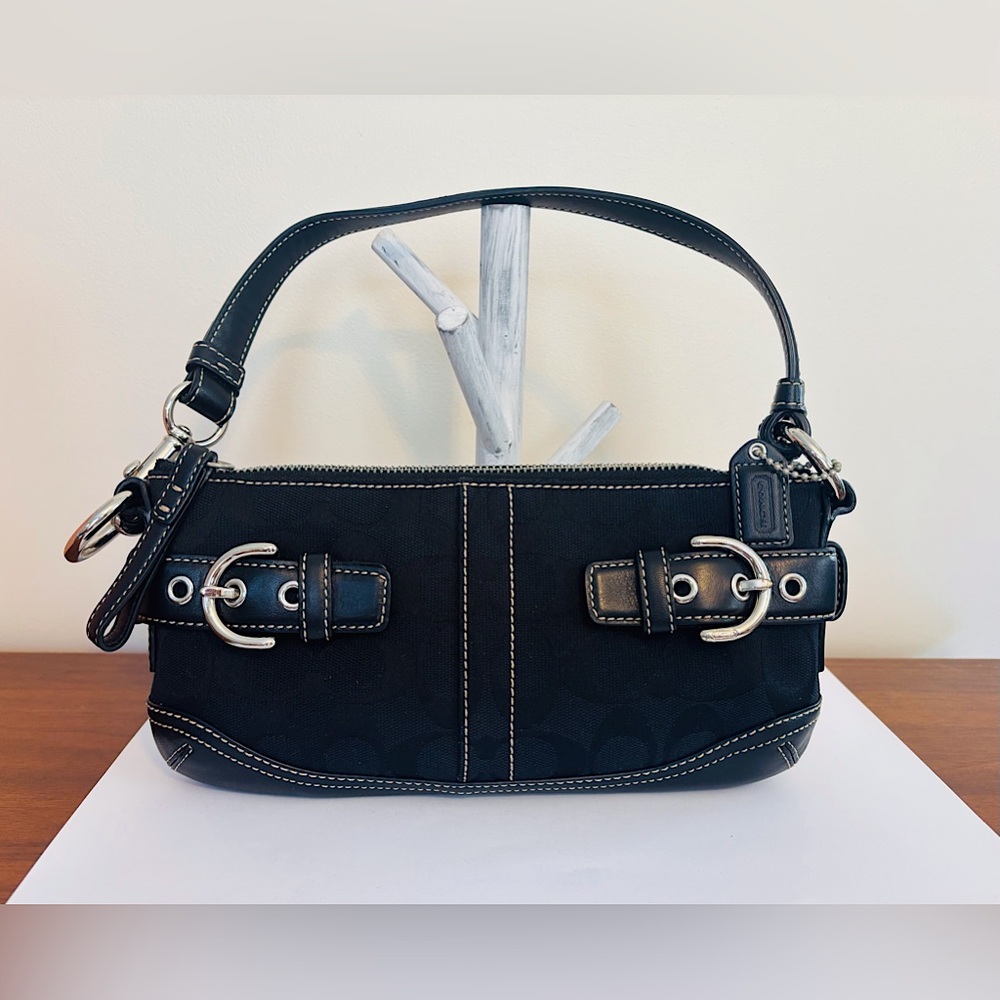 Coach Signature Black Leather and Fabric Shoulder Bag